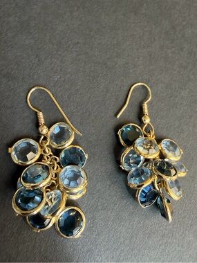 Vintage Gold Tone Multi-Shade Blue Crystal Cluster Dangle Earrings